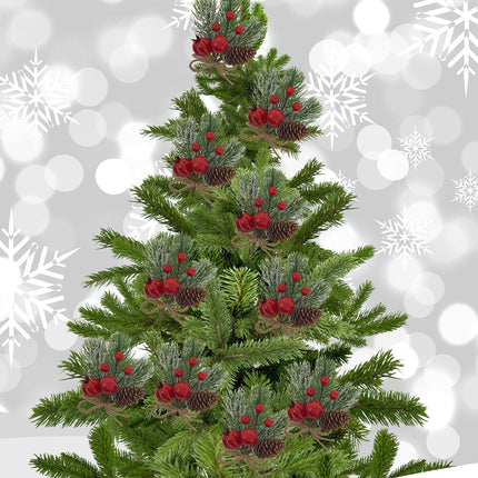 BANBERRY DESIGNS Christmas Decorating Picks - Set of 10 - Snow Flocked Pine Greenery with Pinecone & Red Berries - Xmas Holiday Accents for Wreath, Garland, s
