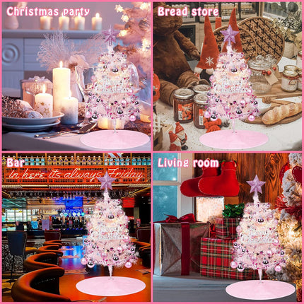 Artificial Mini Christmas Tree, 2ft Small Christmas Tree with Lights, Tabletop Artificial Xmas Tree with Christmas Balls, Pink Tabletop Christmas Tree for Christmas Decorations