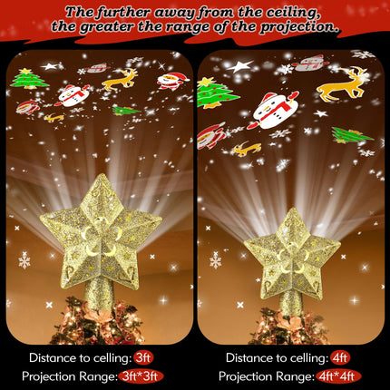 Christmas Star Tree Topper Lighted with 6 Projection Modes, Gold Christmas Tree Topper with Built in LED Rotating Lights, 3D Dynamic Glitter Projector for Xmas Year Tree Decoration