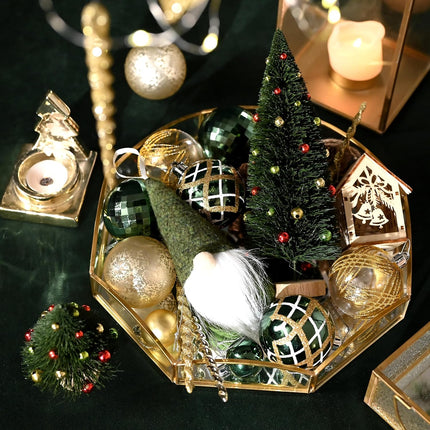 DecorbyHannah 70ct Christmas Ornaments Set, Shatterproof Decorative Green Gold Christmas Tree Decorations with Small Xmas Tree, Gnome and Wooden Lighted Bird House for Home Party Halloween Decor