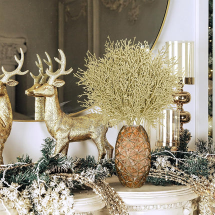 Winlyn 15 Pcs Christmas Artificial Cedar Sprays Champagne Glittered Faux Cedar Branches Stems Christmas Tree Ornament Picks 14.4" for Christmas Tree Wreath Wedding Bouquet Holiday Centerpiece