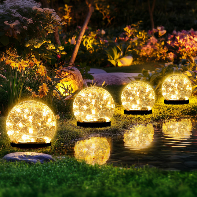 Solar Lights Outdoor Waterproof Garden Decor, Cracked Glass Solar Globe Lights Outdoor Decorations for Patio Yard Backyard Deck and Porch Balcony Decor (4 Pack Warm White)
