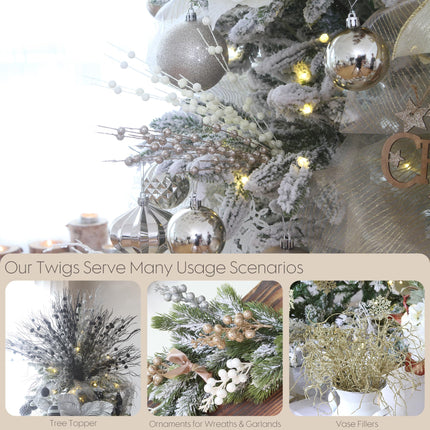 Sea Team 24-Pack Artificial Glitter Berry Stem Ornaments, Decorative Bead Sticks, Glittery Twigs, Picks, Branches for Christmas Tree, Small Vase, Holiday, Wedding, Party (17 Inches, Champagne)