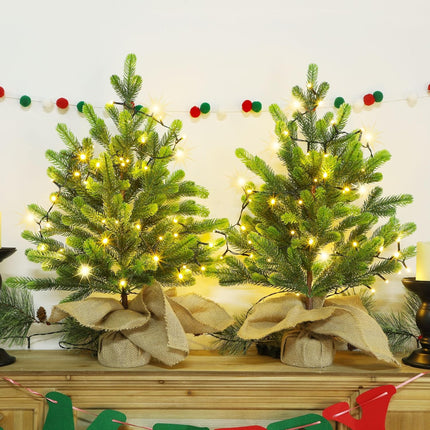 Lulu Home 2 Packs Pre-lit Artificial Mini Christmas Tree, 24 Inch Tabletop Battery Operated Pine Tree with 50 LED Light and Burlap Wrap Base for Xmas Spring Decor