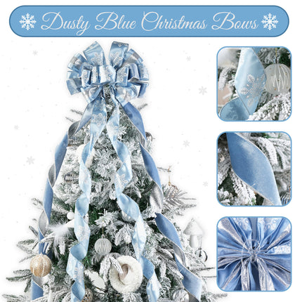 Dusty Blue and Silver Christmas Tree Topper Bows 13 x 53 Inch Large Christmas Bows with Streamer and Snowflake Patterns Decorative Bows for Xmas Tree Wreaths Door Staircase Home Decor