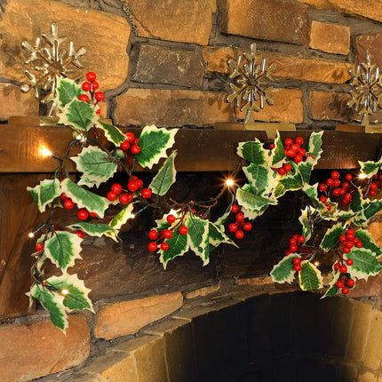 Juegoal Christmas Garland, 6.5FT Pre-lit Red Berries & Holly Leaves Garlands, Artificial Lighted Berry Garland Battery Operated with Timer, Indoor Outdoor Fireplace Gate Home Winter Year Decor