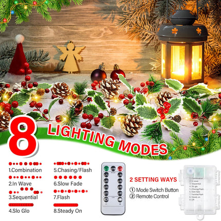 9.8FT Prelit Christmas Decorations Garland with Lights,Christmas Garlands with Pine Red Berry, 8 Modes Christmas Garland for Indoor Outdoor Mantle Stairs Railing Xmas Party Decor
