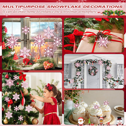 45 Pieces Acrylic Snowflake Ornaments 3 Styles Crystal Clear Plastic Xmas Tree Pendant for Christmas Winter Snow Theme DIY Decorations (Pink)