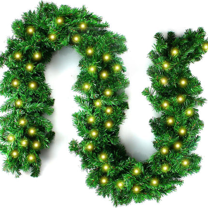 9FT Christmas Lighted Garland, Pre-lit Artificial Xmas Garland w/Battery-Operated String Lights with Timer & Remote - Lush Green Xmas Decor Greenery Wreath Garland for Indoor/Outdoor Party Decor
