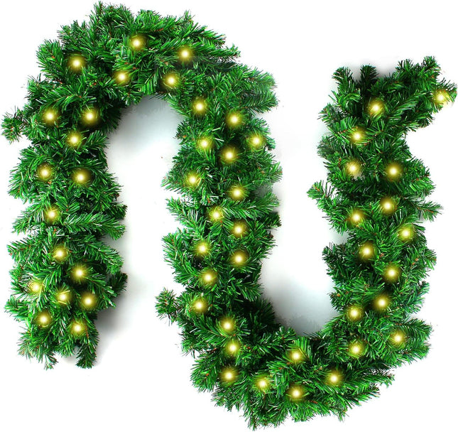 9FT Christmas Lighted Garland, Pre-lit Artificial Xmas Garland w/Battery-Operated String Lights with Timer & Remote - Lush Green Xmas Decor Greenery Wreath Garland for Indoor/Outdoor Party Decor
