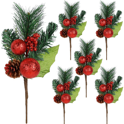 DR.DUDU Christmas 6 Pack 12'' Elegant Faux Picks Evergreen Sprigs + Gold & Silver Globe Ornaments + Pine Cone + Green Poinsettia Leaf + Mini Gold Balls (Red)