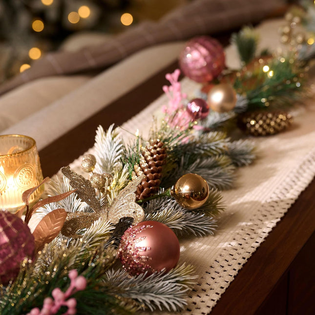 Decorbyhannah Christmas Garland with Lights, 6ft Prelit Christmas Garland Decorations with Ornaments, Pinecone and Butterfly, Battery Operated Christmas Garland Indoor for Mantle, Stairs(Pink Gold)