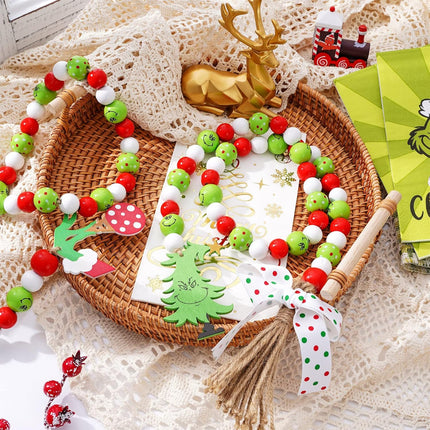 Whaline 2Pcs Christmas Wooden Bead Garlands Red Green Cartoon Character Rustic Wood Bead Garland with Rope Tassel Xmas Hanging Decor for Farmhouse Tiered Tray Home Decor Christmas Party Suppliers