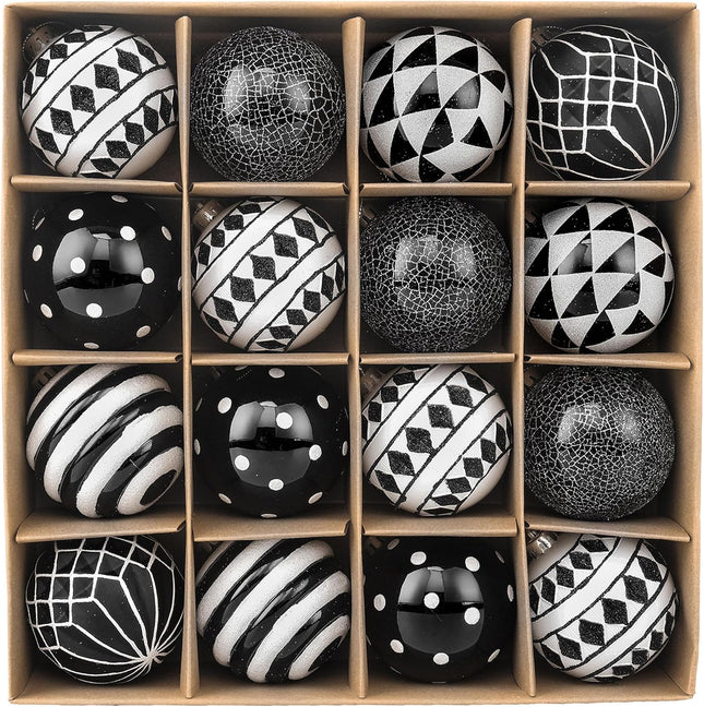 Valery Madelyn Large Christmas Ornaments Tree Decorations, 16ct Black White Boho Shatterproof Christmas Ball Ornaments Set, 3.15 Inch Modern Hanging Ornament Bulk for Xmas Holiday Party Decor