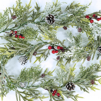Winlyn 2 Pack 6' Snowy Artificial Pine and Cedar Christmas Garland Pine Cones Red Berries Winter Greenery Garland Christmas Wedding Winter Seasonal Holiday Table Runner Centerpiece Mantel Decoration