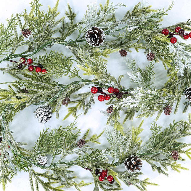 Winlyn 2 Pack 6' Snowy Artificial Pine and Cedar Christmas Garland Pine Cones Red Berries Winter Greenery Garland Christmas Wedding Winter Seasonal Holiday Table Runner Centerpiece Mantel Decoration