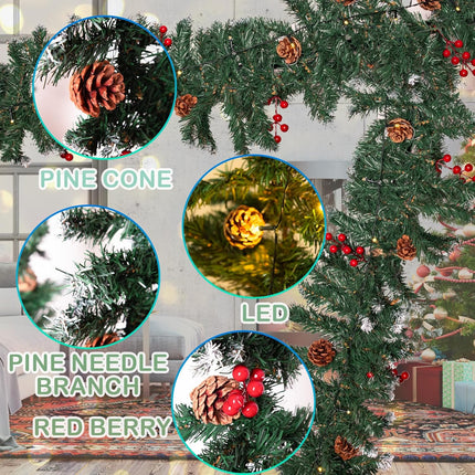 Christmas Garland with Lights,9FT Christmas Decorations Pine Garland with 50 Led Lights String,Lighted Garland for Indoor,Stairs, Railing, Outdoor,Home Decor