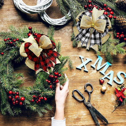 Chuangdi 6 Pcs Christmas Premade Bows for Wreaths Buffalo Plaid Bows Xmas Plaid Bows Burlap Wreaths Bows Christmas Tree Topper for Wedding Holiday Thanksgiving(Black and White, Red and Black)