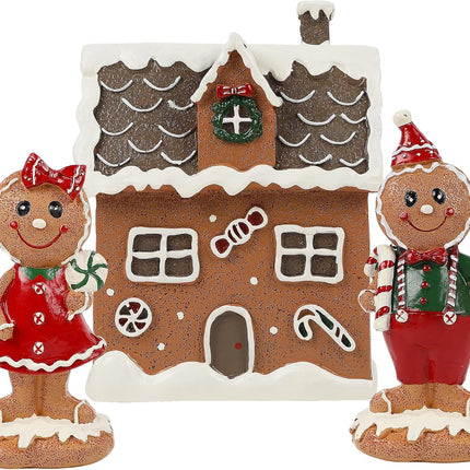 Lulu Home Christmas Tabletop Decorations, Resin Gingerbread House and 2 Gingerbread Men Figurines Adorn with Candy Cane Wreath for Indoor Holiday Fireplace Shelf Ornaments Display