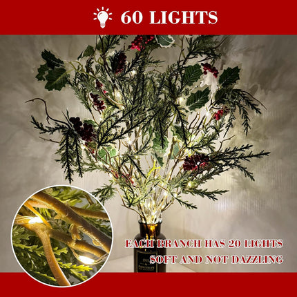 3 PCS Lighted Christmas Evergreen Sprig Branches Tree, Handmade Design with Red Berries Holly Leaves and Pine Leaves, 60 Lights in Total, Timer, Battery Operated for Home Vase Indoor Outdoor