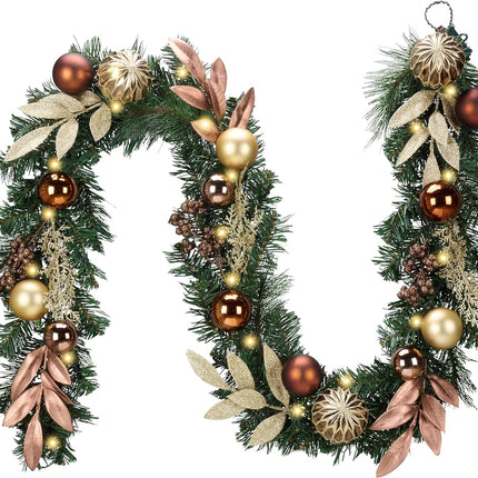 Valery Madelyn 6 ft Pre-Lit Christmas Garland with Light for Mantle, Lighted Battery Operated Xmas Garland with Bronze Copper Gold Ball for Front Door Fireplace Table Centerpiece Outdoor Window Decor