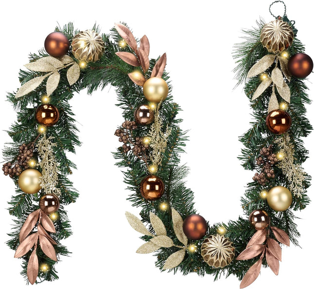 Valery Madelyn 6 ft Pre-Lit Christmas Garland with Light for Mantle, Lighted Battery Operated Xmas Garland with Bronze Copper Gold Ball for Front Door Fireplace Table Centerpiece Outdoor Window Decor