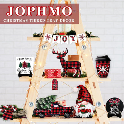 Christmas Tiered Tray Decoration Set Wooden Farmhouse Tray Decor Seasonal Winter Rustic Wood Sign Tabletop Centerpiece with Wood Bead Garland Christmas Table Decor for Home Kitchen (Decor-01)