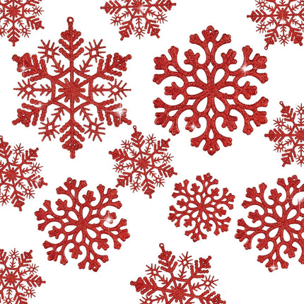 36pcs Christmas Snowflake Ornaments Plastic Glitter Snowflakes Ornaments for Xmas Tree Decorations, 4-inch, Red