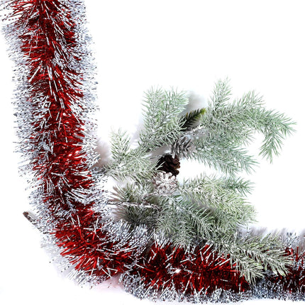 25ft Christmas Tinsel Garland, Christmas Tree Ornaments Home Party Classic Shiny Sparkly Ceiling Hanging Decorations, 4 inch Wide Filaments Red Silver Edge.