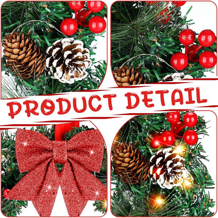 VIHOSE 4 Pcs Christmas Wreath 13'' Artificial Christmas Front Door Wreath Ornament with LED Light Xmas Wreath Red Bow Pine Cones Red Berries Pine Needle for Holiday Party Decoration Battery Operated