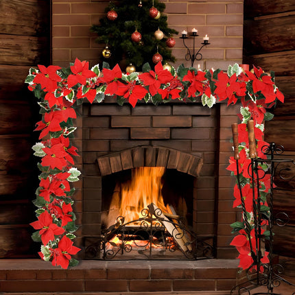 2Pcs Christmas Garland, 6.5Ft Artificial Red Flowers Poinsettia Garland with Berries and Holly Leaves for Christmas Holiday Indoor Outdoor Home Tables Centerpieces Decorations