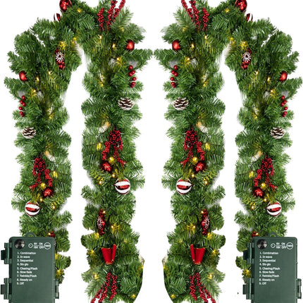 Nerosun 9FT Christmas Garland with 50LED Lights, 2 Pack Battery Operated Prelit Garland Christmas Decorations Timer 8 Mode, Artificial Outdoor Christmas Garland Greenery Pinecone for Indoor Decor