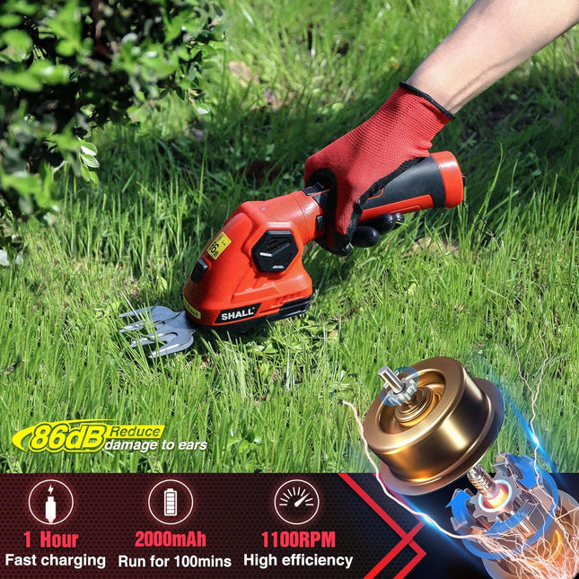 SHALL Cordless Grass Shear & Hedge Trimmer - 7.2V Electric Shrub Trimmer 2 in 1 Handheld Grass Trimmer Hedge Shears, Hedge Clippers Grass Cutter w/ Pruning Scissor, Rechargeable Battery & Fast Charger