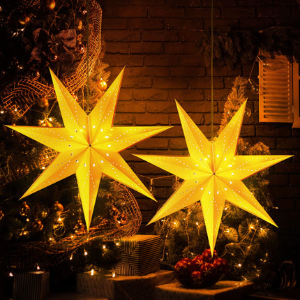 Hiboom Paper Star Lantern 24 Inch, 8 Mode 50 LEDs Firework Fairy String Lights, Light up Hollow Out Star Hanging Decoration for Indoor Outdoor Room Wedding Christmas Party(2 Pack)