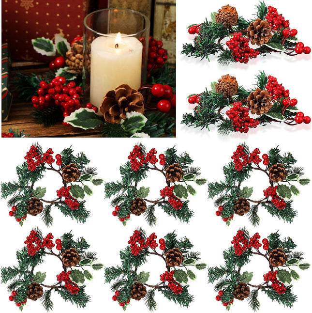 Set of 8 Christmas Candle Rings Christmas Wreaths Berry Pinecone Red Poinsettia Candle Wreaths Rings Mini Christmas Candleholders Xmas Wreath Candle Holder for Christmas Centerpiece(Cute)