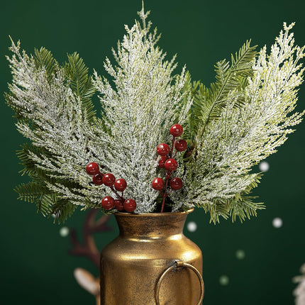 Alpurple 30 Pcs Christmas Snow Frosted Pine Branches- 13.5" Snowy Artificial Pine Needles Branches Twigs- Greenery Ceder Sprigs Pine Picks Stems for Christmas Wreath Home Garden Decoration