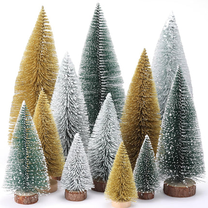 Meooeck 12 Pcs Mini Christmas Trees 4 Sizes 4/6/8/10 Inch Bottle Brush Christmas Trees Artificial Christmas Tree with Wood Base Winter Snow Fake Pine Tree Decor for Home (Green, Gold, White)