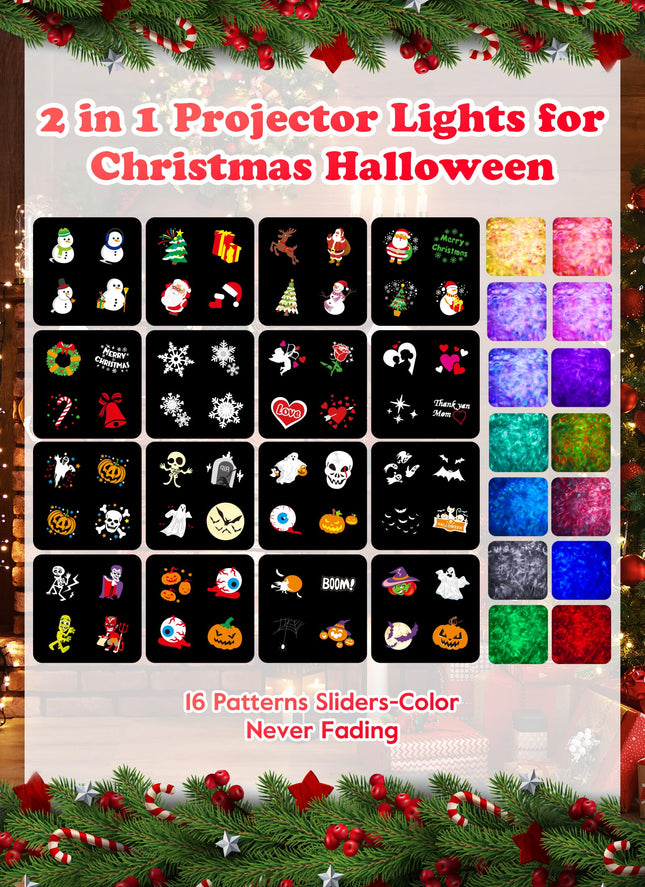 Minetom Christmas Projector Lights Outdoor 26 HD Effects (3D Ocean Wave + Patterns) Waterproof with Timer Landscape Lights for Indoor Holiday Halloween Christmas Night Disco Party, RGB + Multicolor