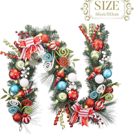 Valery Madelyn 6 feet Pre-Lit Christmas Garland with Lights for Mantle, Lighted Battery Operated Elf Xmas Garland with Red Green Balls for Front Door Fireplace Table Centerpiece Outdoor Home Decor