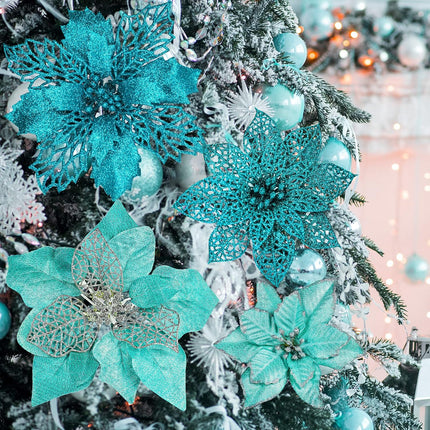 Winlyn 24 Pcs 4 Styles Christmas Teal Blue Metallic Mesh Glitter Artificial Poinsettia Flower Stems Tree Ornaments in Box for Teal Blue Christmas Tree Wreaths Garland Winter Wedding Holiday Decoration