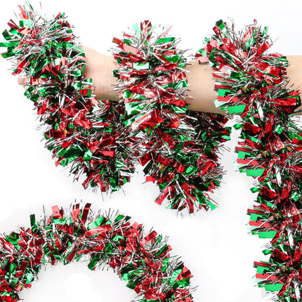 50FT Red Green Silver Christmas Tinsel Garland Metallic Twist Shiny Garland for Christmas Tree Decorations, Xmas Holiday Hanging Garland for Home Mantle Stair Indoor Outdoor Party Supplies Decor