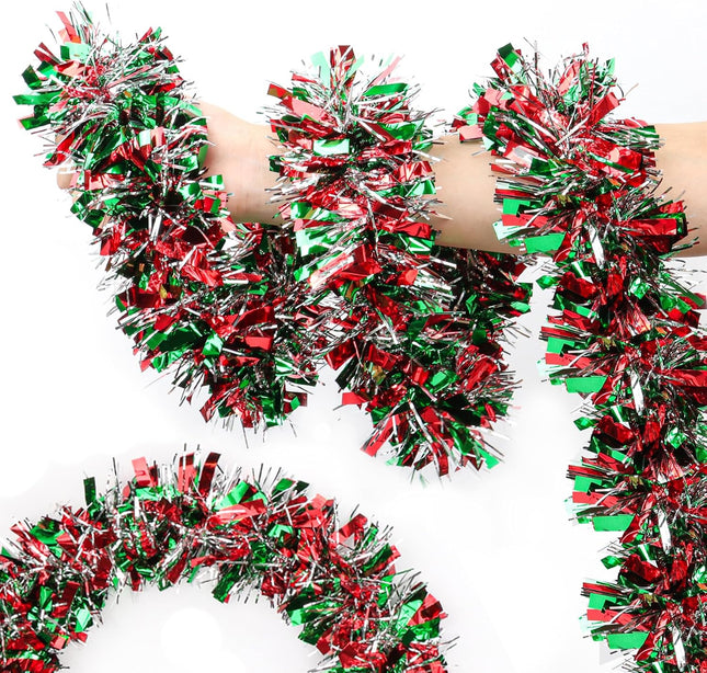 50FT Red Green Silver Christmas Tinsel Garland Metallic Twist Shiny Garland for Christmas Tree Decorations, Xmas Holiday Hanging Garland for Home Mantle Stair Indoor Outdoor Party Supplies Decor