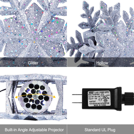 Christmas Tree Topper Lighted with Built-in Led Rotating Snowflake Projector Lights, 9.6” Hollowed Tree Topper with Silver Spangles Plug In for Indoor Home Xmas Year Party Holiday Night Tree Decor