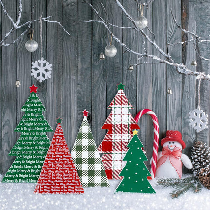 Whaline 5Pcs Wooden Christmas Tree Tabletop Decoration 3 Sizes Red Green Plaid Xmas Tree Table Centerpieces Rustic Sanding Christmas Tree Wood Sign for Home Office Fireplace Farmhouse