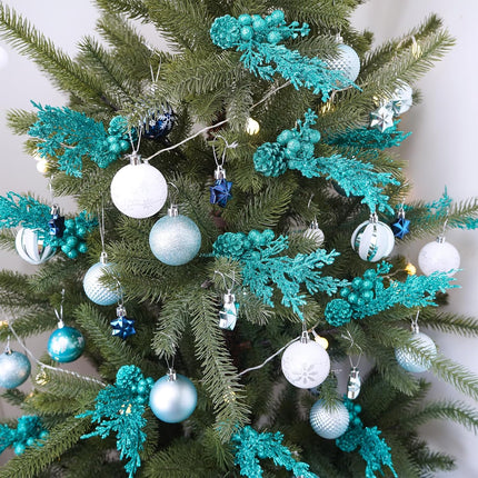 Winlyn 12 Pcs Christmas Artificial Pine Branches Teal Glitter Pine Needles with Pinecone and Berries Christmas Floral Picks 14.2" for Teal Christmas Tree Seasonal Wreath Swag Holiday Arrangement