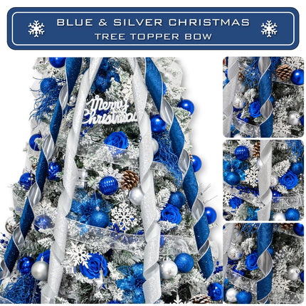 Christmas Tree Topper Bow, 53x13 Inches Large Christmas Bow with Glitter Streamer, Decorative Ribbon Bows for Xmas Tree Wreath Door Festival Home Decor(Blue & Silver)
