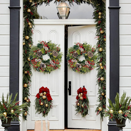 Christmas Wreath 20 Inch Outdoor Lighted Christmas Wreath with Red Berries and Flocked Pine Cones LED Xmas Wreath for Front Door Winter Holiday Christmas Party Decorations