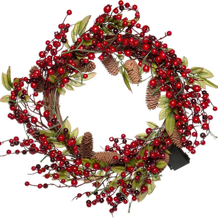 Red Co. 22” Light-Up Christmas Wreath with Red Cranberries, Pinecones & Leaves, Battery-Operated LED Lights with Timer