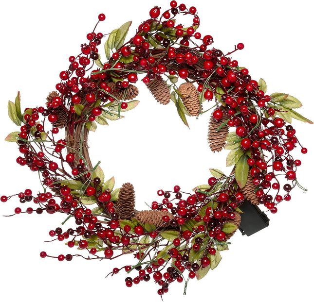 Red Co. 22” Light-Up Christmas Wreath with Red Cranberries, Pinecones & Leaves, Battery-Operated LED Lights with Timer