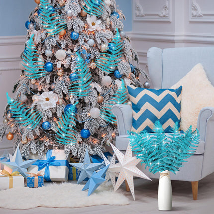Christmas Glitter Leaves Artificial Tropical Leaf Christmas Tree Sprays Glitter Leaf Garland Flashing Christmas Picks DIY Bouquet Stem Floral Branches for Wedding Xmas Wreath (Peacock Blue,48 Pcs)
